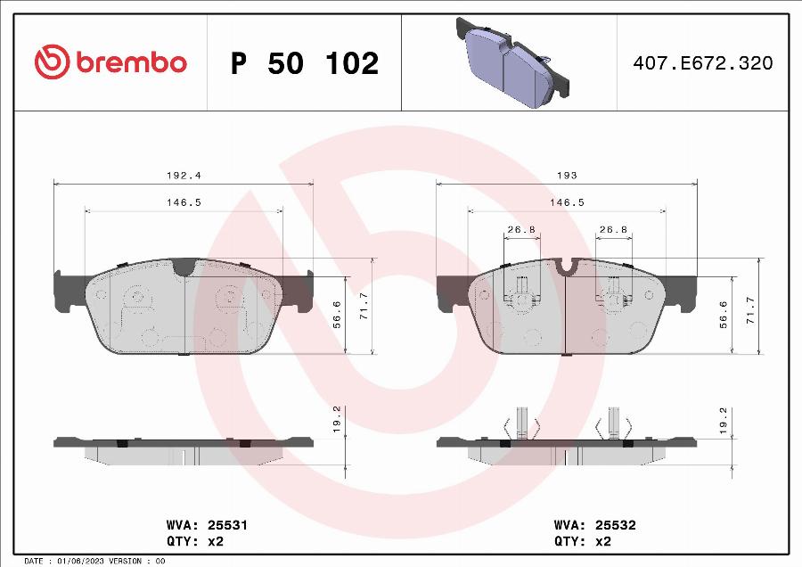 Brembo P 50 102 — Zestaw klocków hamulcowych, hamulce tarczowe