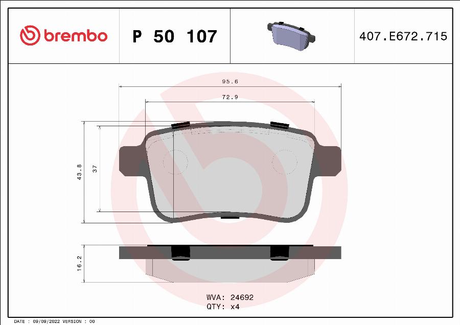 Brembo P 50 107 — Zestaw klocków hamulcowych, hamulce tarczowe