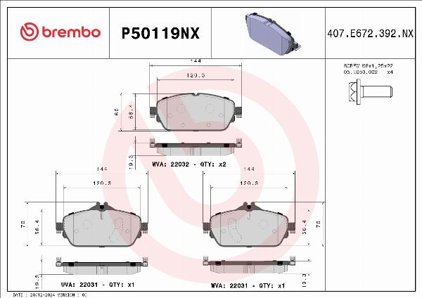 Brembo P50119NX — Zestaw klocków hamulcowych, hamulce tarczowe