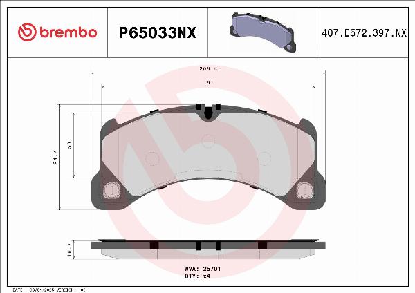 Brembo P65033NX — Zestaw klocków hamulcowych, hamulce tarczowe