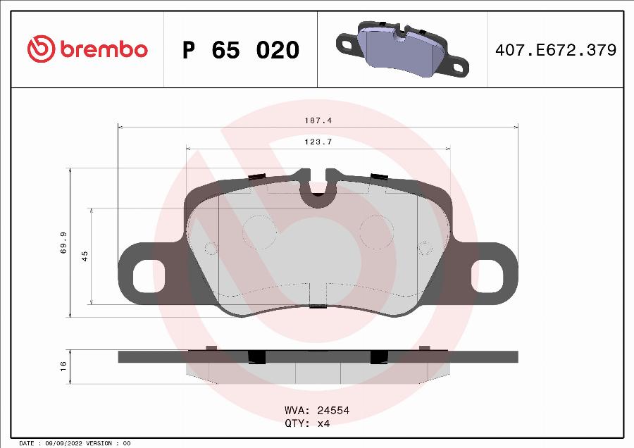 Brembo P 65 020 — Zestaw klocków hamulcowych, hamulce tarczowe