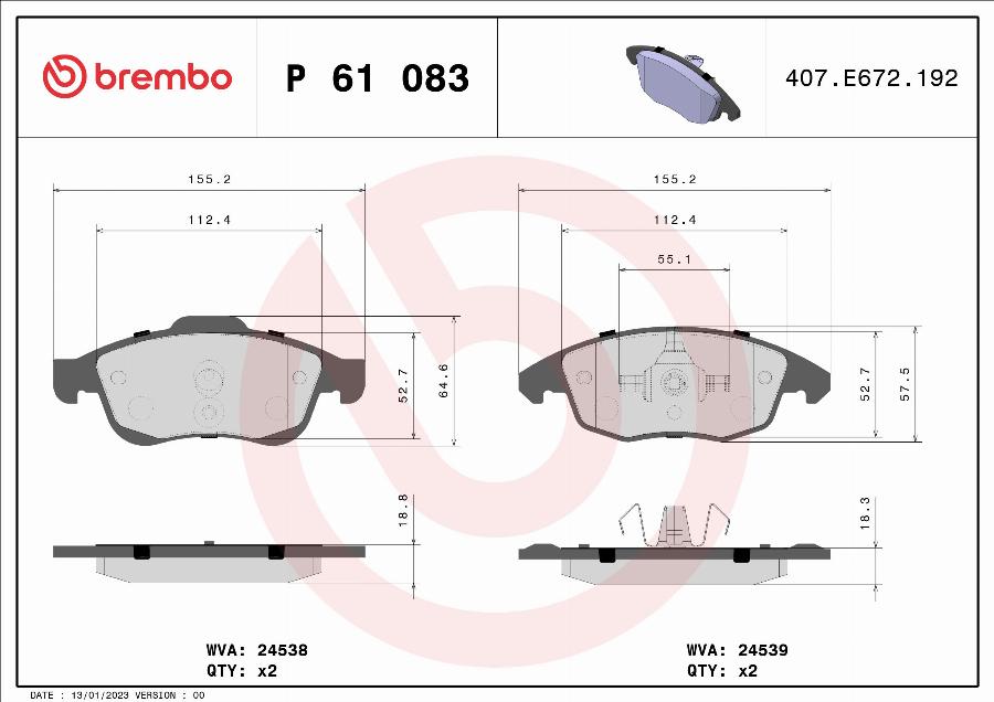 Brembo P 61 083 — Zestaw klocków hamulcowych, hamulce tarczowe
