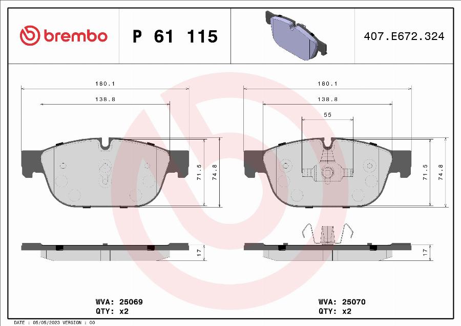 Brembo P 61 115 — Zestaw klocków hamulcowych, hamulce tarczowe