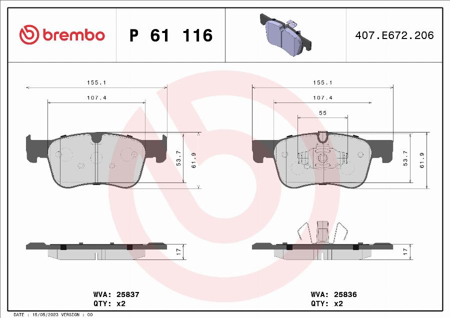 Brembo P 61 116 — Zestaw klocków hamulcowych, hamulce tarczowe