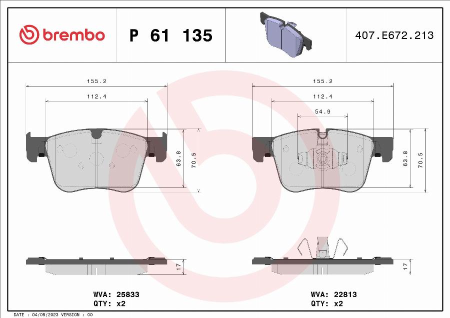 Brembo P 61 135 — Zestaw klocków hamulcowych, hamulce tarczowe