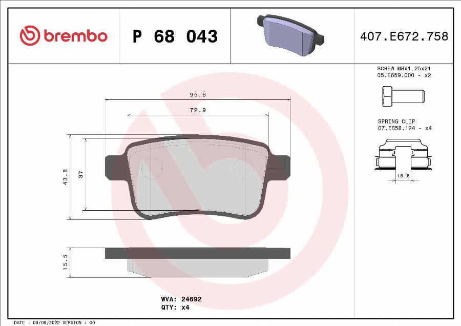 Brembo P 68 043 — Zestaw klocków hamulcowych, hamulce tarczowe