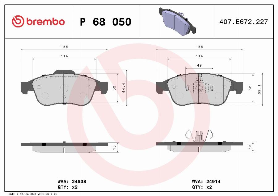 Brembo P 68 050 — Zestaw klocków hamulcowych, hamulce tarczowe