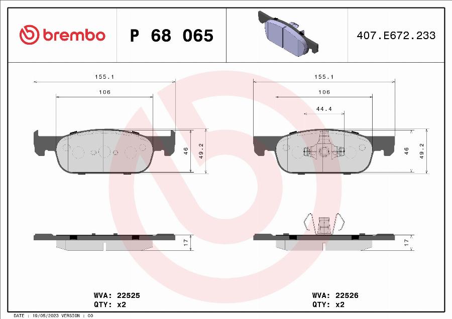 Brembo P 68 065 — Zestaw klocków hamulcowych, hamulce tarczowe