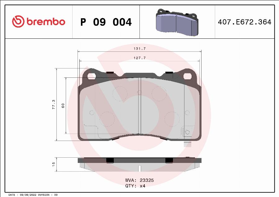 Brembo P 09 004 — Zestaw klocków hamulcowych, hamulce tarczowe