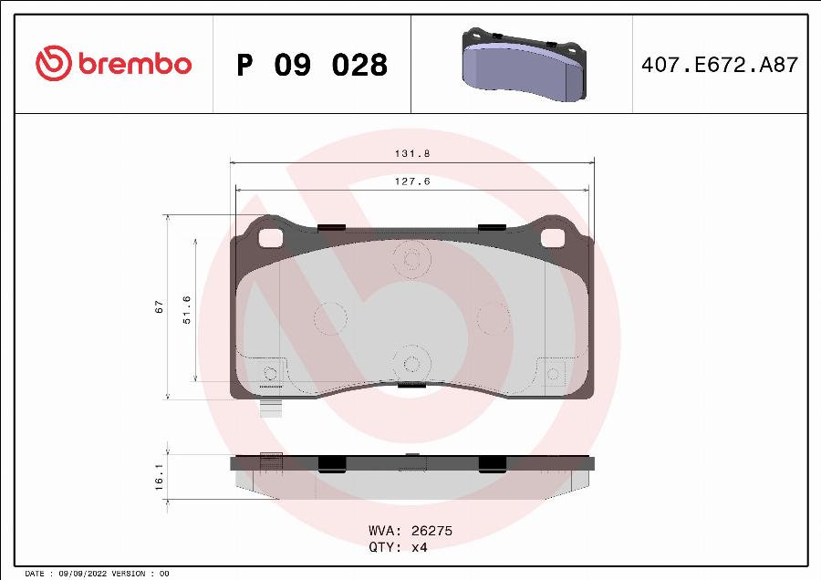 Brembo P 09 028 — Zestaw klocków hamulcowych, hamulce tarczowe