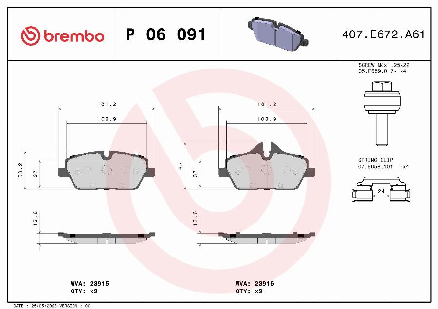 Brembo P 06 091 — Zestaw klocków hamulcowych, hamulce tarczowe