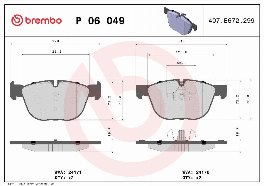 Brembo P 06 049 — Zestaw klocków hamulcowych, hamulce tarczowe