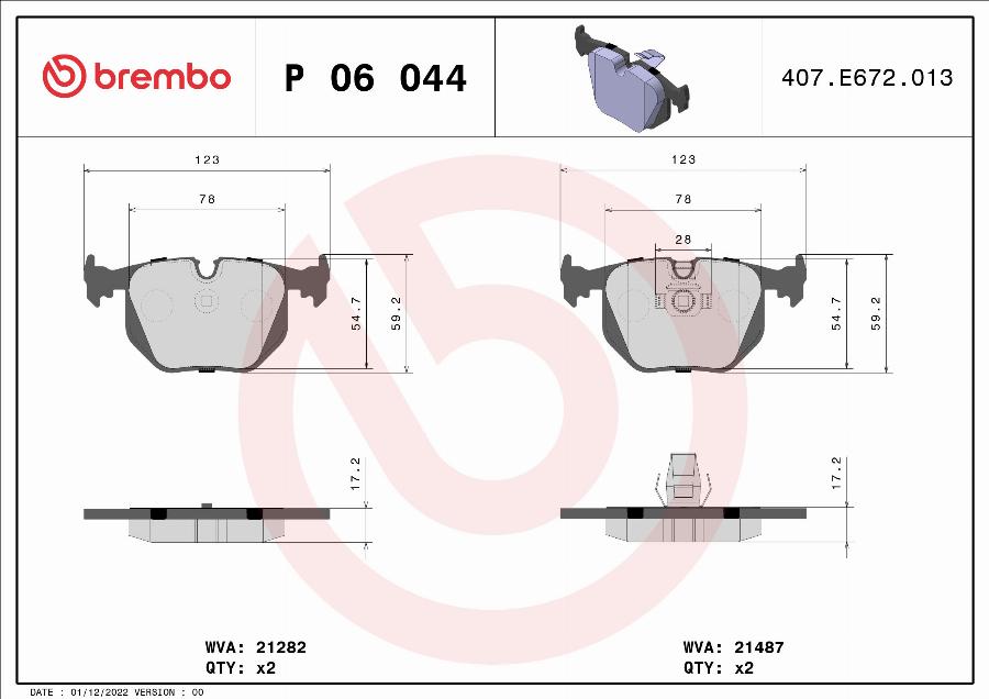 Brembo P 06 044 — Zestaw klocków hamulcowych, hamulce tarczowe