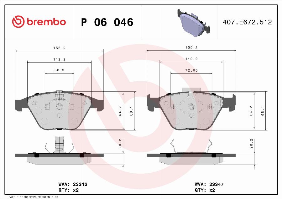 Brembo P 06 046 — Zestaw klocków hamulcowych, hamulce tarczowe