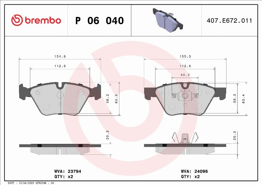 Brembo P 06 040 — Zestaw klocków hamulcowych, hamulce tarczowe
