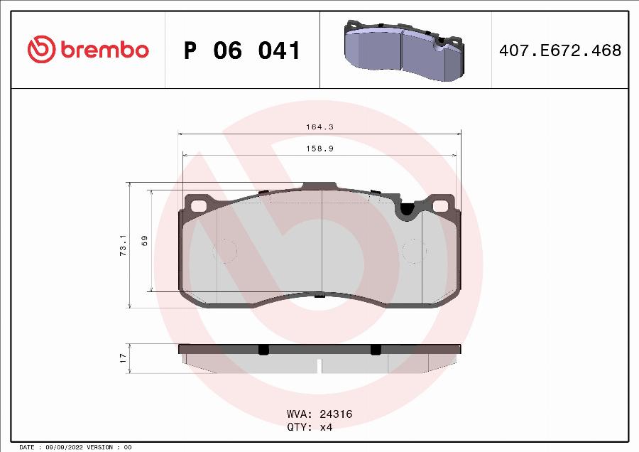 Brembo P 06 041 — Zestaw klocków hamulcowych, hamulce tarczowe