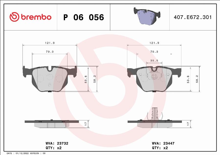 Brembo P 06 056 — Zestaw klocków hamulcowych, hamulce tarczowe