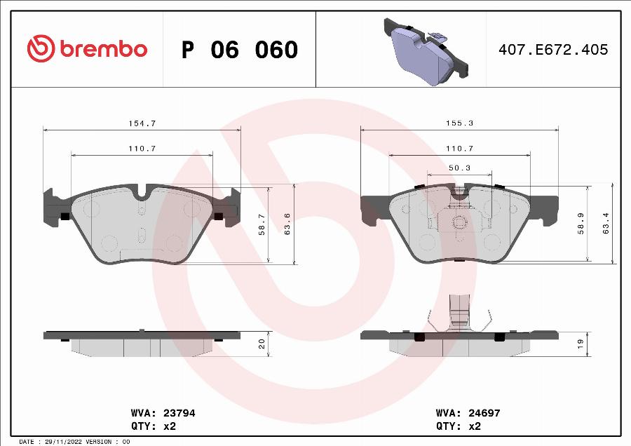 Brembo P 06 060 — Zestaw klocków hamulcowych, hamulce tarczowe