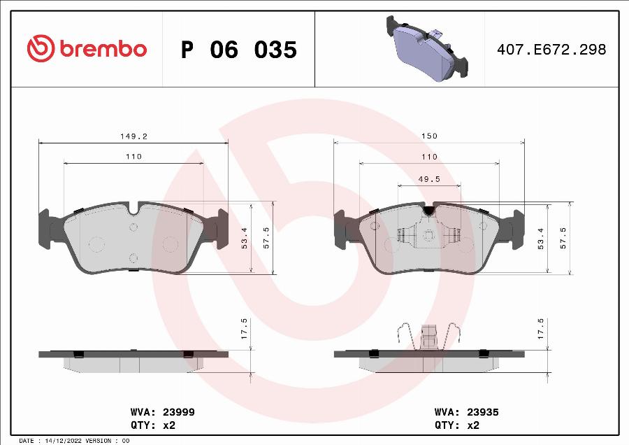Brembo P 06 035 — Zestaw klocków hamulcowych, hamulce tarczowe