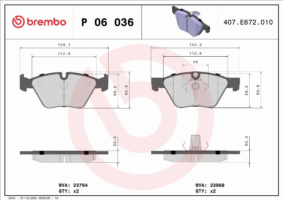 Brembo P 06 036 — Zestaw klocków hamulcowych, hamulce tarczowe