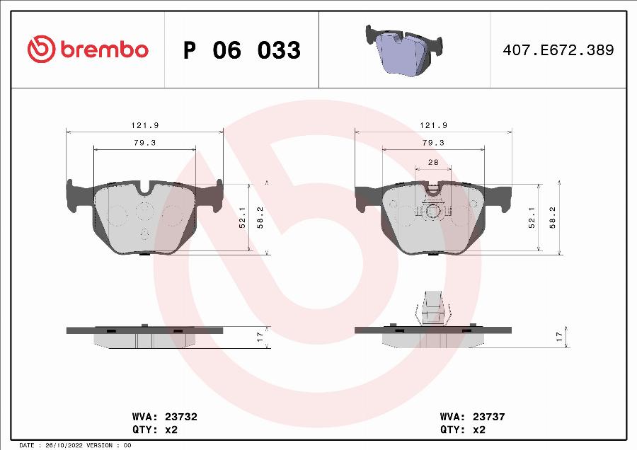 Brembo P 06 033 — Zestaw klocków hamulcowych, hamulce tarczowe