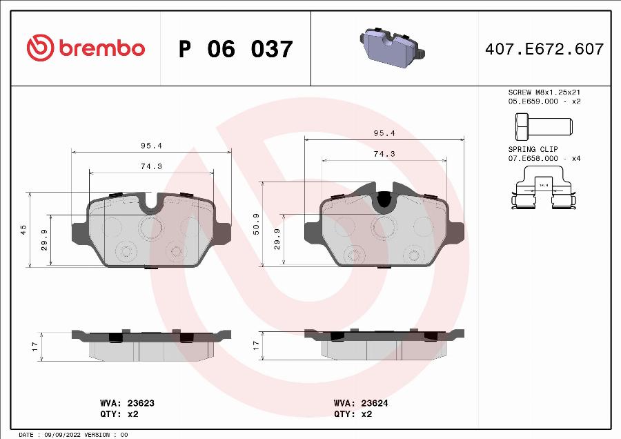 Brembo P 06 037 — Zestaw klocków hamulcowych, hamulce tarczowe