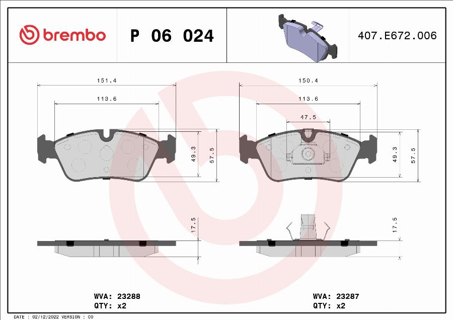 Brembo P 06 024 — Zestaw klocków hamulcowych, hamulce tarczowe