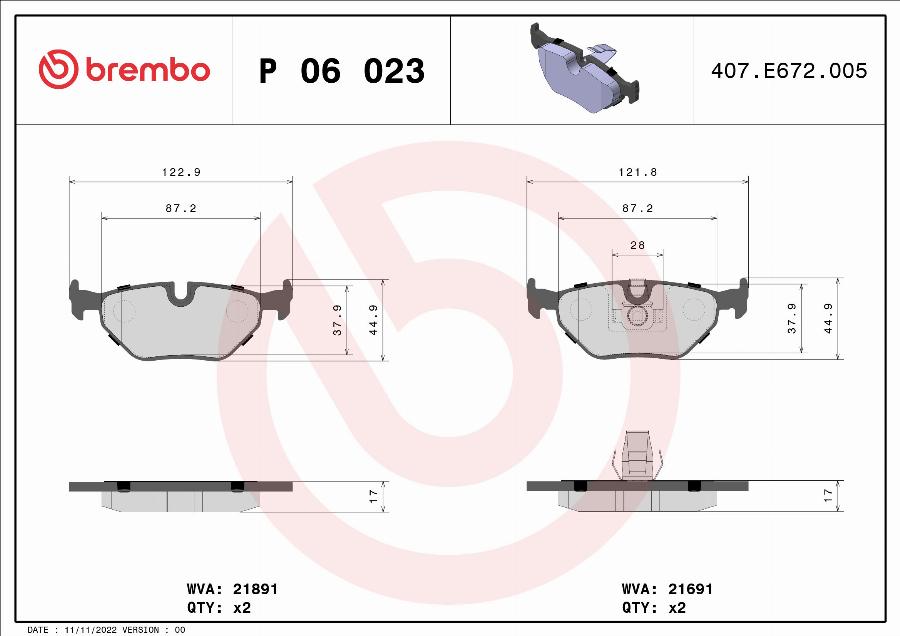 Brembo P 06 023 — Zestaw klocków hamulcowych, hamulce tarczowe