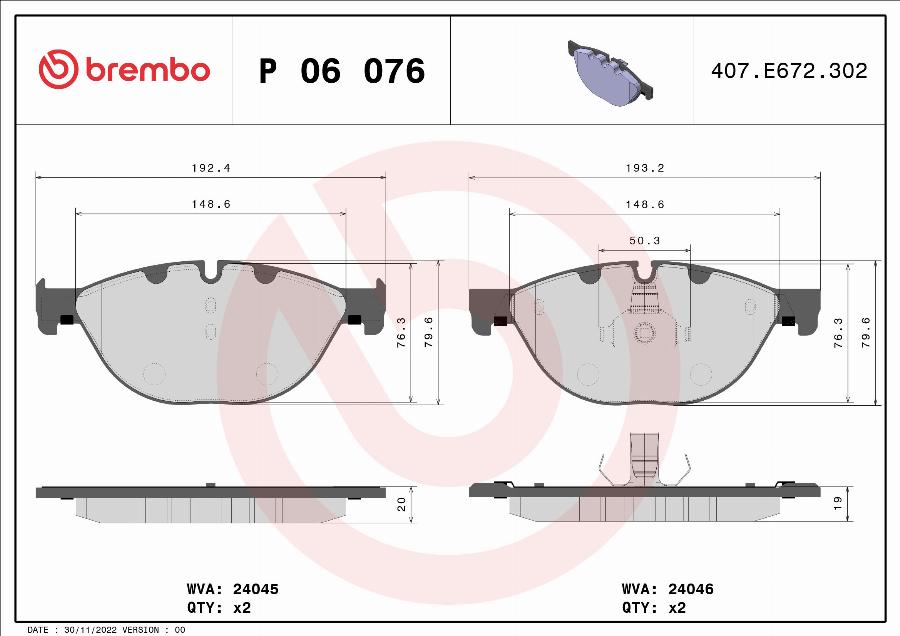 Brembo P 06 076 — Zestaw klocków hamulcowych, hamulce tarczowe