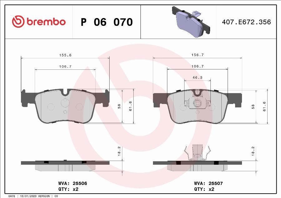 Brembo P 06 070 — Zestaw klocków hamulcowych, hamulce tarczowe