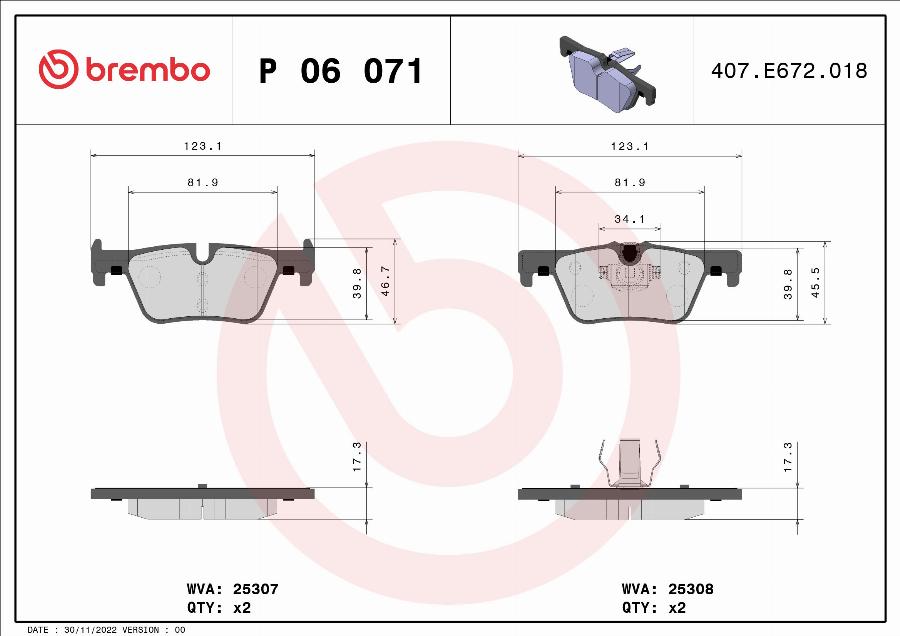 Brembo P 06 071 — Zestaw klocków hamulcowych, hamulce tarczowe
