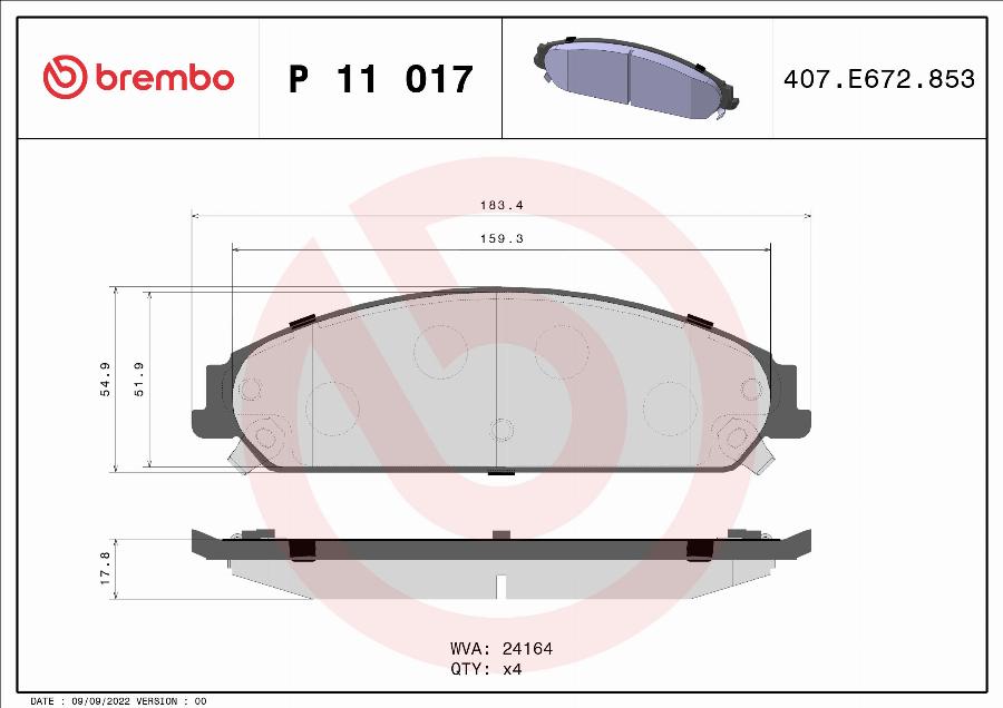 Brembo P 11 017 — Zestaw klocków hamulcowych, hamulce tarczowe