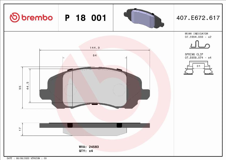 Brembo P 18 001 — Zestaw klocków hamulcowych, hamulce tarczowe