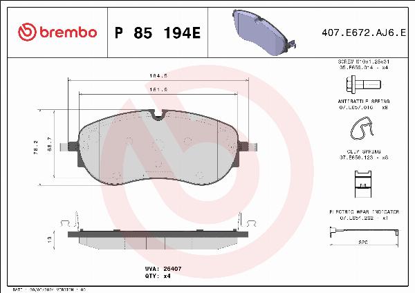 Brembo P 85 194E — Zestaw klocków hamulcowych, hamulce tarczowe
