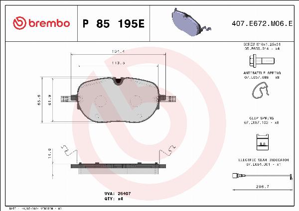 Brembo P 85 195E — Zestaw klocków hamulcowych, hamulce tarczowe