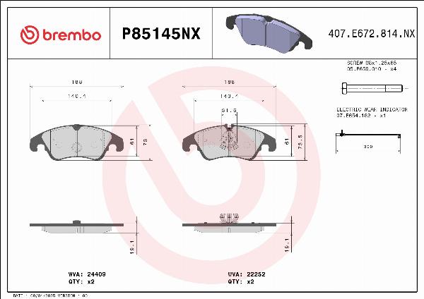 Brembo P85145NX — Zestaw klocków hamulcowych, hamulce tarczowe