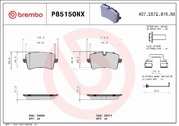 Brembo P85150NX — Zestaw klocków hamulcowych, hamulce tarczowe