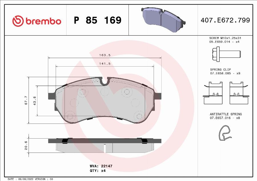 Brembo P 85 169 — Zestaw klocków hamulcowych, hamulce tarczowe