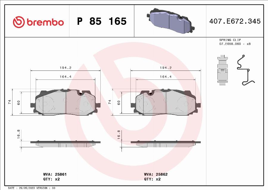 Brembo P 85 165 — Zestaw klocków hamulcowych, hamulce tarczowe