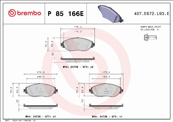 Brembo P 85 166E — Zestaw klocków hamulcowych, hamulce tarczowe