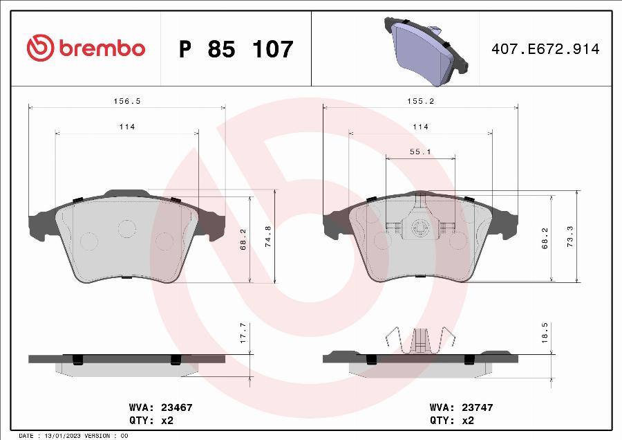 Brembo P 85 107 — Zestaw klocków hamulcowych, hamulce tarczowe