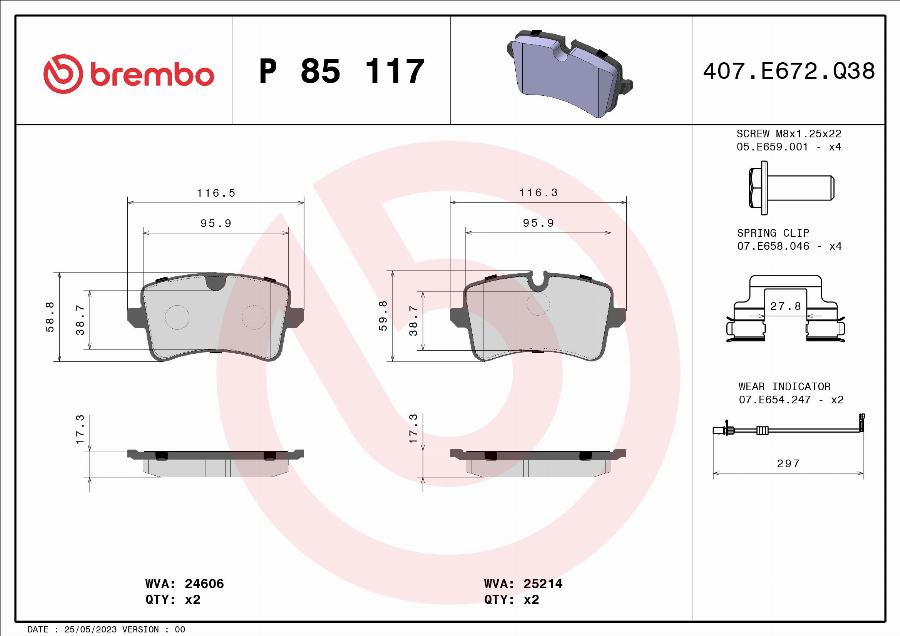 Brembo P 85 117 — Zestaw klocków hamulcowych, hamulce tarczowe