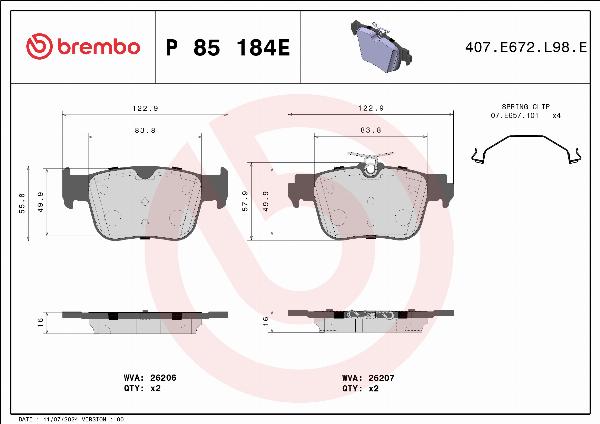 Brembo P 85 184E — Zestaw klocków hamulcowych, hamulce tarczowe