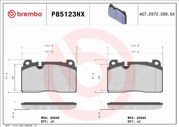 Brembo P85123NX — Zestaw klocków hamulcowych, hamulce tarczowe