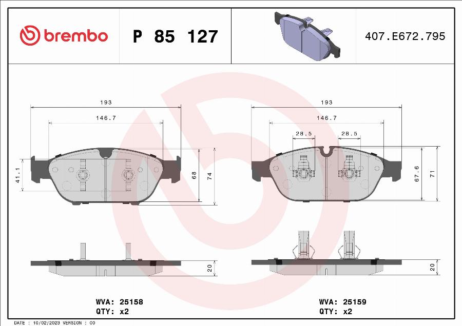 Brembo P 85 127 — Zestaw klocków hamulcowych, hamulce tarczowe