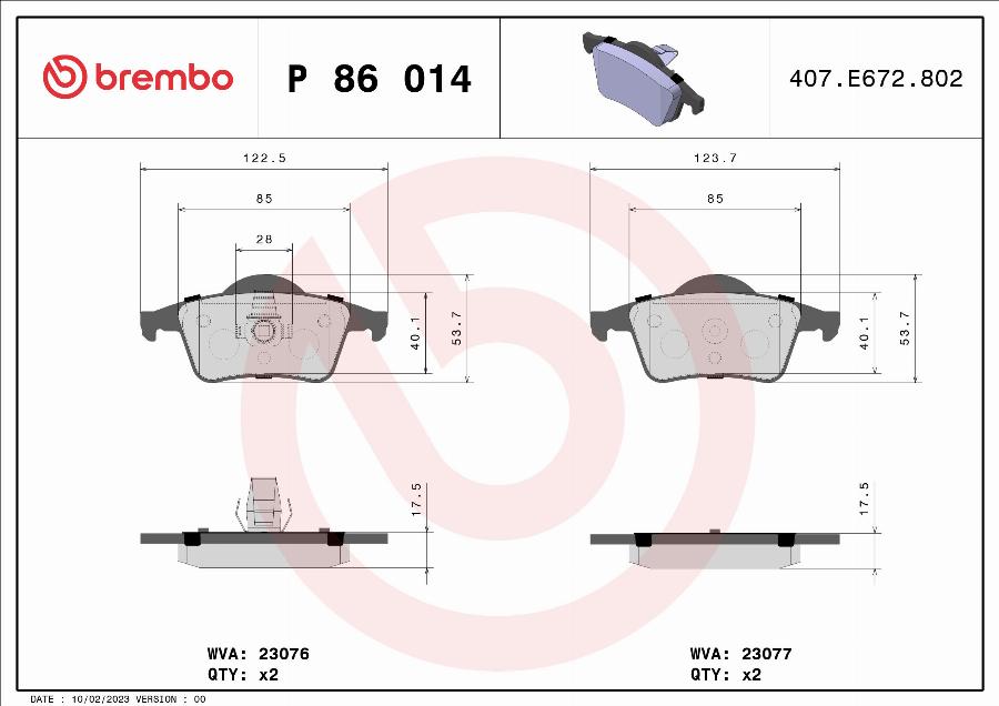 Brembo P 86 014 — Zestaw klocków hamulcowych, hamulce tarczowe