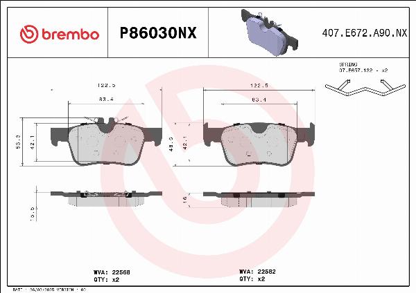 Brembo P86030NX — Zestaw klocków hamulcowych, hamulce tarczowe