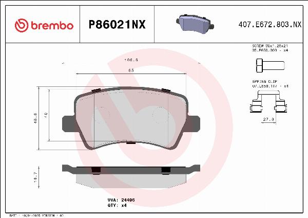 Brembo P86021NX — Zestaw klocków hamulcowych, hamulce tarczowe