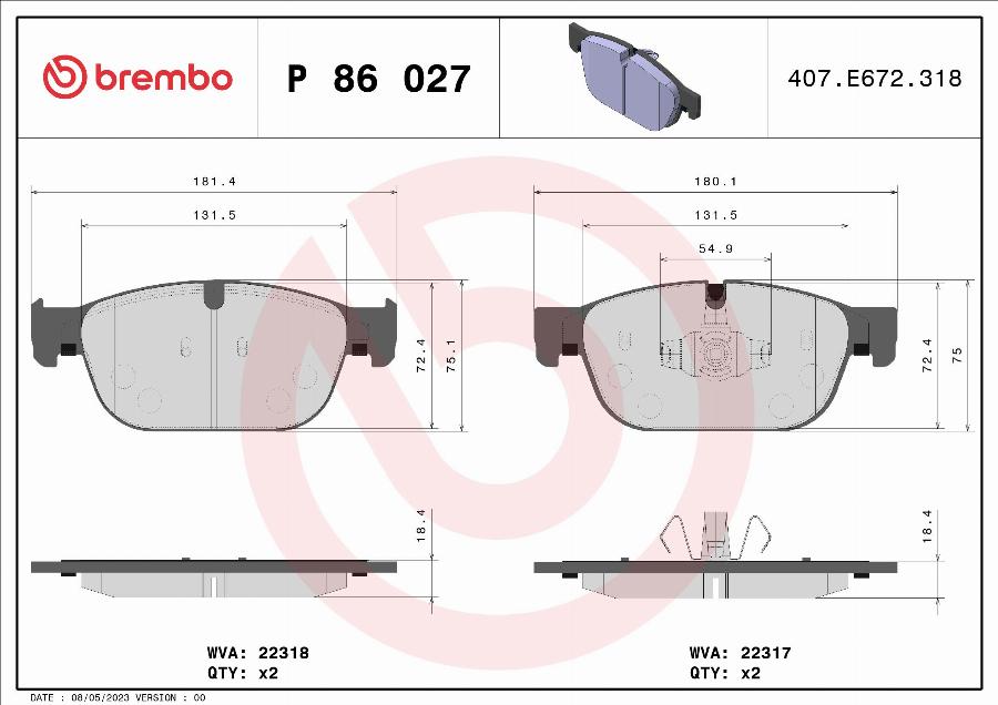 Brembo P 86 027 — Zestaw klocków hamulcowych, hamulce tarczowe