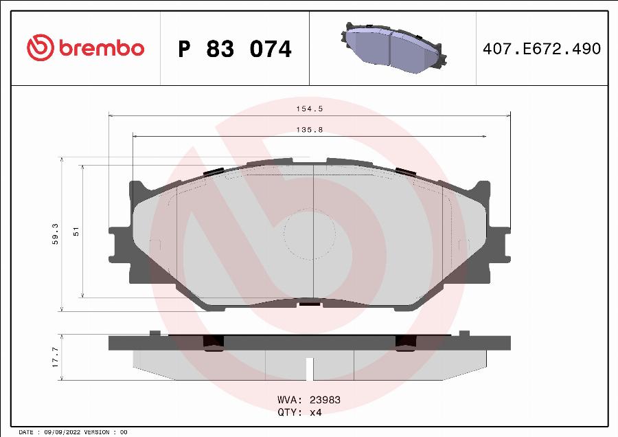 Brembo P 83 074 — Zestaw klocków hamulcowych, hamulce tarczowe